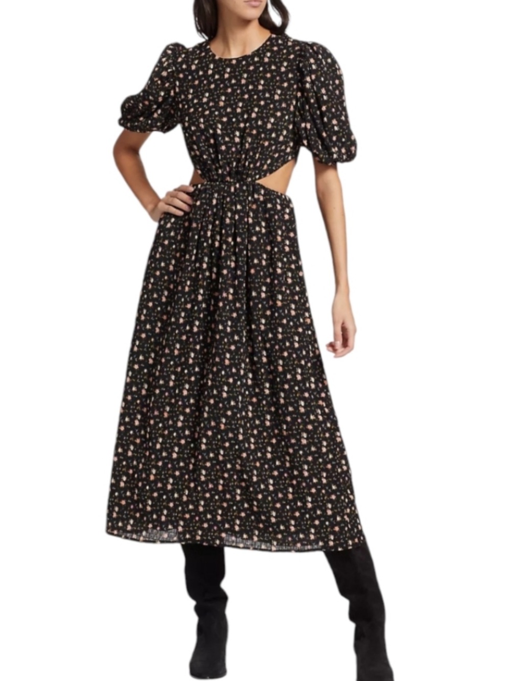Wayf Black Floral Cutout Midi Dress with Puff Sleeves and Tie Waist Lined